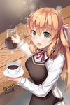  absurdres alternate_costume apron barista blush breasts brown_hair coffee coffee_mug commentary cup eyebrows_visible_through_hair eyes_visible_through_hair from_side girls_frontline green_eyes hair_between_eyes hair_bun hair_ribbon highres holding_jug holding_saucer jug kurobe long_hair long_sleeves looking_at_viewer m1903_springfield_(girls_frontline) medium_breasts mug open_mouth red_ribbon ribbon saucer shirt smile solo sparkle table white_shirt 