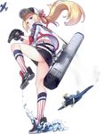  aircraft airplane ass azur_lane bag baseball baseball_cap baseball_mitt belt black_belt black_footwear black_skirt blonde_hair blue_eyes blush bogue_(azur_lane) closed_mouth clothes_writing crop_top cropped_jacket double_vertical_stripe duffel_bag eyebrows eyelashes flat_ass forehead from_below full_body hair_ribbon hat jacket kaede_(003591163) kneehighs long_hair microskirt multicolored multicolored_clothes multicolored_hat multicolored_jacket multicolored_legwear number official_art open_clothes open_jacket ponytail red_ribbon remodel_(azur_lane) ribbon shirt shoes short_sleeves skirt smile solo strap tachi-e tight transparent_background tsurime water wristband 