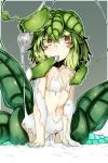  1girl breasts chocolate chocolate_on_breasts facial_mark female green_hair highres messy monster_girl naked_chocolate nude ocha_no_mae original plant_girl short_hair small_breasts solo white_chocolate 