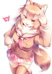  :d absurdres animal_ears commentary_request fang fur_collar hand_on_hip highres japanese_wolf_(kemono_friends) japari_symbol kanzakietc kemono_friends light_brown_hair light_brown_legwear long_hair looking_at_viewer open_mouth orange_eyes plaid plaid_skirt pleated_skirt salute simple_background skirt smile solo tail thighhighs white_background wolf_ears wolf_girl wolf_tail zettai_ryouiki 