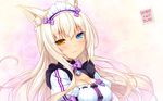  :3 animal_ears artist_name bell blue_eyes bow bowtie breasts cat_ears cleavage coconut_(sayori) fanbox_reward heterochromia highres jingle_bell long_hair looking_at_viewer maid_headdress medium_breasts name_tag nekopara official_art paid_reward platinum_blonde_hair puffy_short_sleeves puffy_sleeves sayori short_sleeves slit_pupils smile solo sparkle upper_body wallpaper yellow_eyes 