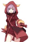  1girl black_gloves cowboy_shot fake_horns gloves guwatefu hood hoodie horned_headwear kagari_(pokemon) kagari_(pokemon)_(remake) looking_at_viewer open_mouth pokemon pokemon_(game) pokemon_oras purple_eyes purple_hair ribbed_sweater short_hair simple_background solo sweater team_magma teeth uniform vambraces white_background yokozuwari 