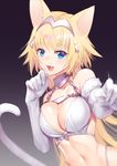  :d animal_ears bare_shoulders bikini blonde_hair blue_eyes blush breasts cat_ears chain claw_pose cleavage collar collarbone demmy dutch_angle elbow_gloves eyebrows_visible_through_hair fang fate/apocrypha fate_(series) foreshortening glint gloves gradient gradient_background grey_background hand_up headpiece jeanne_d'arc_(fate) jeanne_d'arc_(fate)_(all) kemonomimi_mode large_breasts long_hair looking_at_viewer motion_blur navel open_mouth paw_pose shiny shiny_hair shiny_skin smile solo stomach swimsuit upper_body very_long_hair white_bikini white_gloves 