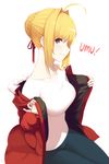  absurdres ahoge amejaga blonde_hair braid breasts casual closed_mouth fate/extra fate_(series) from_side fur_trim green_eyes hair_bun hair_intakes highres jacket long_neck long_sleeves looking_at_viewer medium_breasts nero_claudius_(fate)_(all) open_clothes open_jacket profile short_hair simple_background sitting smile solo umu white_background 