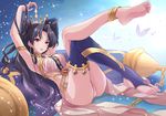  anklet arm_above_head armlet armpits arms_up ass asymmetrical_legwear asymmetrical_sleeves bad_id bad_pixiv_id barefoot black_hair breasts chain crossed_legs crown earrings elbow_gloves expressionless fate/grand_order fate_(series) feet gloves hair_ribbon hand_behind_head hoop_earrings ishtar_(fate/grand_order) jewelry legs_up long_hair long_legs looking_at_viewer medium_breasts pelvic_curtain reclining red_eyes ribbon single_elbow_glove single_thighhigh soles solo star starry_background thighhighs thighs toe-point toeless_legwear toes yuuki_(yukinko-02727) 