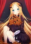  :o abigail_williams_(fate/grand_order) bangs black_bow black_dress black_hat blonde_hair bloomers blue_eyes blush bow bug butterfly commentary_request dress eyebrows_visible_through_hair fate/grand_order fate_(series) hair_bow hat head_tilt hey_xander highres insect long_hair long_sleeves looking_at_viewer object_hug orange_bow parted_bangs parted_lips polka_dot polka_dot_bow sleeves_past_fingers sleeves_past_wrists solo stuffed_animal stuffed_toy teddy_bear underwear very_long_hair white_bloomers 
