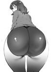  ass ass_focus bent_over blush buruma greyscale long_hair looking_at_viewer looking_back monochrome shiny shiny_clothes short_hair simple_background solo suruga_kreuz thighs white_background 