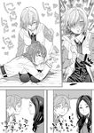  3girls :3 ahoge black_dress breasts cat_teaser chaldea_uniform comic command_spell dress fate/grand_order fate_(series) fujimaru_ritsuka_(female) greyscale hair_ornament hair_over_one_eye hair_scrunchie heart highres kimidake leonardo_da_vinci_(fate/grand_order) long_hair looking_at_viewer mash_kyrielight monochrome multiple_girls necktie one_side_up open_mouth pantyhose ponytail romani_archaman scrunchie short_hair side_ponytail smile speech_bubble translation_request 