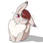  2017 akko_kagari brown_hair captainpudgemuffin dipstick_ears eyelashes female feral fur hair hi_res lagomorph little_witch_academia looking_at_viewer mammal one_eye_closed pink_eyes rabbit simple_background solo white_background 