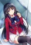  black_hair black_legwear blazer blush braid classroom crossed_legs desk hair_ribbon horikita_suzune jacket long_hair looking_at_viewer red_jacket ribbon school_desk school_uniform sitting skirt solo thighhighs youkoso_jitsuryoku_shijou_shugi_no_kyoushitsu_e yuhito_(ablbex) 