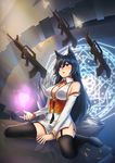  ahri animal_ears assault_rifle atago_(azur_lane) atago_(azur_lane)_(cosplay) azur_lane bare_shoulders black_hair black_legwear breasts bullpup cleavage cosplay creator_connection detached_sleeves energy_ball fangs fox_ears fox_tail gun heart highres large_breasts league_of_legends long_hair miniskirt multiple_tails open_mouth persocon93 qbz-95 rifle skirt slit_pupils solo tail thighhighs weapon yellow_eyes 