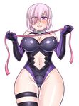  bare_shoulders black_gloves blush breasts cleavage cleavage_cutout commentary_request cowboy_shot elbow_gloves eyes_visible_through_hair fate/grand_order fate_(series) gloves hair_over_one_eye heart heart_eyes large_breasts lavender_hair leotard looking_at_viewer mabo-udon mash_kyrielight navel navel_cutout open_mouth purple_eyes pussy_juice short_hair solo thigh_strap thighhighs 