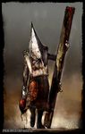  apron blood commentary_request gloves hat helmet male_focus masahiro_ito monster official_art pyramid_head silent_hill silent_hill_2 solo weapon 