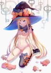  abigail_williams_(fate/grand_order) asanogawa_(tutufcc) asymmetrical_legwear black_bow black_footwear black_hat black_legwear blonde_hair blue_eyes blurry blurry_background blush bow breasts eyebrows_visible_through_hair fate/grand_order fate_(series) hat hat_bow head_tilt highres key keyhole long_hair looking_at_viewer nipples nude orange_bow polka_dot polka_dot_bow pussy revision shoes single_thighhigh small_breasts solo stuffed_animal stuffed_toy teddy_bear thighhighs v-shaped_eyebrows very_long_hair witch_hat 