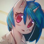  2017 bed_covers bedding blue_hair blush cute earbuds equine eyelashes female friendship_is_magic hair headphones horn listening_to_music looking_at_viewer mammal mirroredsea multicolored_hair my_little_pony open_mouth red_eyes simple_background solo two_tone_hair unicorn vinyl_scratch_(mlp) 