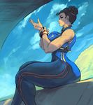  arms_up bare_shoulders breasts brown_hair chun-li cloud cutesexyrobutts day hair_bun large_breasts lips looking_at_viewer looking_to_the_side short_hair sitting sky solo spiked_gauntlets street_fighter street_fighter_zero_(series) thick_thighs thighs tumblr_username 