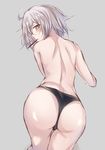  ahoge ass back between_breasts black_panties blush breasts cowboy_shot eyebrows_visible_through_hair fate/apocrypha fate_(series) food_in_mouth from_behind grey_background highlights jeanne_d'arc_(alter)_(fate) jeanne_d'arc_(fate)_(all) looking_at_viewer looking_back mouth_hold multicolored_hair panties profile short_hair shoulder_blades simple_background sketch solo standing thigh_gap thighs topless tsurime underwear underwear_only v-shaped_eyebrows yrzirst yuki_maccha_(yukimattya10) 