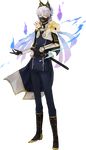  animal animal_ears animal_on_shoulder armor black_gloves earrings fake_animal_ears fox fox_ears full_body gloves hitodama japanese_armor jewelry katana kiwame_(touken_ranbu) kote kumita_(sumica) magatama magatama_earrings male_focus menpoo military military_uniform multiple_tails nakigitsune nakigitsune's_fox necktie official_art sheath sheathed sword tail touken_ranbu transparent_background uniform weapon white_hair yellow_eyes 