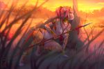  2017 anthro areola big_breasts breasts clothed clothing digital_media_(artwork) feline female hair hunting hybrid levaligress liger long_hair mammal melee_weapon nipples outside pink_hair savanna simple_background solo stripes topless weapon 