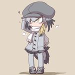  :/ ? adapted_costume alternate_costume arm_at_side bird bird_tail black_hair blonde_hair blush brown_background buttons cabbie_hat chibi closed_mouth commentary_request full_body gloves grey_hair grey_jacket grey_legwear grey_skirt hair_between_eyes hand_on_own_head hand_up hat ikkyuu jacket kemono_friends long_hair long_sleeves looking_up low_ponytail multicolored_hair pantyhose scarf shoebill_(kemono_friends) simple_background skirt solo standing tail yellow_eyes 