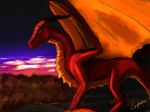  cave claws cloud digital_media_(artwork) dragon dragon345 english_text feral forest hi_res horn male membranous_wings quadruped red_eyes red_scales scales scalie side_view slit_pupils soft_shading solo standing stone_(character) sunset text tree wings 