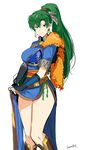  absurdres armor blush breasts dress fire_emblem fire_emblem:_rekka_no_ken fire_emblem_heroes gloves green_eyes green_hair high_ponytail highres jewelry large_breasts long_hair looking_at_viewer lyndis_(fire_emblem) ormille ponytail smile solo very_long_hair weapon 