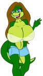  big_breasts blue_eyes breasts brown_hair clothing female hair huge_breasts lizard reptile samantha_brooks sarcolopter scalie solo 