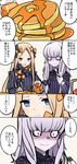  abigail_williams_(fate/grand_order) absurdres albino bangs black_bow blonde_hair blue_eyes blush bow butter comic commentary_request constricted_pupils fate/grand_order fate_(series) food fork hair_bow highres holding holding_fork honey lavinia_whateley_(fate/grand_order) long_hair multiple_girls open_mouth orange_bow pale_skin pancake pink_eyes smile tearing_up tears translated upper_body white_hair yuuma_(u-ma) 