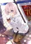  alternate_costume black-framed_eyewear blue_eyes brand_name_imitation brown_legwear chaldea_uniform dutch_angle eyebrows_visible_through_hair fate/grand_order fate_(series) glasses hair_between_eyes highres holding hooded_coat iroha_(shiki) lawson mash_kyrielight miniskirt open_mouth outdoors pantyhose pleated_skirt short_hair silver_hair sitting skirt solo steam white_coat 