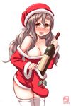  artist_logo bare_shoulders blush boot_removed bottle brown_eyes christmas christmas_stocking cowboy_shot dated dress drunk eyebrows_visible_through_hair grey_hair hat highres kanon_(kurogane_knights) kantai_collection long_hair looking_at_viewer pola_(kantai_collection) red_dress red_footwear santa_costume santa_hat simple_background solo standing thick_eyebrows thighhighs wavy_hair white_background white_legwear wine_bottle 