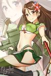  2017 amagi_(kantai_collection) breasts brown_eyes brown_hair cleavage crop_top dated eyebrows_visible_through_hair floating_hair flower gun hair_between_eyes hair_flower hair_ornament holding holding_gun holding_weapon kantai_collection leg_up long_hair looking_at_viewer medium_breasts microskirt midriff mole mole_under_eye navel pallad pleated_skirt red_flower short_sleeves signature skirt smile solo standing stomach very_long_hair weapon zoom_layer 