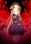  abigail_williams_(fate/grand_order) bangs black_bow black_dress black_hat blonde_hair bloomers bow bug butterfly closed_mouth commentary_request dress eyebrows_visible_through_hair fate/grand_order fate_(series) hair_bow hat head_tilt heijialan insect light_smile long_hair long_sleeves looking_at_viewer object_hug orange_bow parted_bangs polka_dot polka_dot_bow purple_eyes sleeves_past_fingers sleeves_past_wrists solo stuffed_animal stuffed_toy teddy_bear underwear very_long_hair white_bloomers 