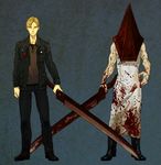  bad_id bad_pixiv_id blonde_hair blood gloves great_knife hat helmet jacket james_sunderland male_focus monster multiple_boys pyramid_head short_hair silent_hill silent_hill_2 sword tobacco_(tabakokobata) weapon 