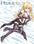  1girl bed blonde_hair boots elbow_gloves gloves highres kyuutou_(kyuutouryuu) lieselotte_sherlock purple_eyes short_shorts shorts thigh_boots thighhighs tongue tongue_out trinity_seven twintails 