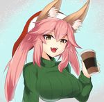  :d animal_ears breasts casual coffee_cup cup disposable_cup eyebrows_visible_through_hair fang fate/extra fate/grand_order fate_(series) fox_ears green_sweater hair_between_eyes hat holding holding_cup impossible_clothes impossible_sweater large_breasts long_hair long_sleeves looking_at_viewer open_mouth pink_hair santa_hat slit_pupils smile solo steam_captein sweater sweater_vest tamamo_(fate)_(all) tamamo_no_mae_(fate) turtleneck turtleneck_sweater yellow_eyes 