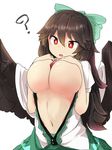  ? between_breasts bow breasts breasts_outside bright_pupils brown_hair cape commentary_request green_bow green_skirt hair_between_eyes hair_bow highres huge_breasts long_hair navel no_bra open_clothes open_shirt red_eyes reiuji_utsuho shirt simple_background skirt solo third_eye touhou tyouseki white_background white_shirt 