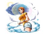  bodskih bracelet breasts brown_eyes cowboy_shot from_below holding holding_umbrella huge_breasts jewelry log_pose nami_(one_piece) one_piece open_mouth orange_hair shirt short_hair short_shorts short_sleeves shorts solo standing sun transparent transparent_background transparent_umbrella umbrella white_shorts yellow_shirt 