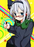  &gt;:) alternate_costume bespectacled black_ribbon blue_eyes closed_mouth coat commentary_request doyagao earphones eyebrows_visible_through_hair furorina glasses green_scarf hair_ribbon hand_in_pocket holding konpaku_youmu long_sleeves red-framed_eyewear ribbon scarf semi-rimless_eyewear silver_hair single_earphone_removed smug solo touhou under-rim_eyewear v-shaped_eyebrows yellow_background 