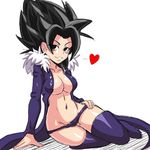  1girl alone black_eyes black_hair bocodamondo breasts caulifla cleavage coat cosplay curvy dragon_ball dragon_ball_super female hand_on_hip heart legwear matching_hair/eyes merlin_(nanatsu_no_taizai) nanatsu_no_taizai navel panties saiyan simple_background smile solo spiky_hair stomach thighs white_background 