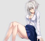  arm_behind_back arm_support bare_legs blue_legwear breasts check_commentary cleavage closed_mouth collarbone commentary commentary_request dress_shirt drop_shadow eyebrows_visible_through_hair fate_(series) feet_on_table from_side grey_background head_tilt highlights jeanne_d'arc_(alter)_(fate) jeanne_d'arc_(fate)_(all) knees_up large_breasts looking_at_viewer medium_hair multicolored_hair partially_unbuttoned pleated_skirt ponytail shirt sidelocks silver_hair simple_background sitting skirt sleeves_past_wrists solo tsurime white_shirt yami_kyon_oov yellow_eyes 