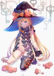  abigail_williams_(fate/grand_order) asanogawa_(tutufcc) asymmetrical_legwear bare_arms black_bow black_footwear black_hat black_legwear blonde_hair blue_eyes blurry blurry_background blush bow damaged eyebrows_visible_through_hair fate/grand_order fate_(series) hat hat_bow head_tilt highres key keyhole long_hair looking_at_viewer navel nude orange_bow parted_lips polka_dot polka_dot_bow pussy revealing_clothes revision seiza shoes single_thighhigh sitting solo stuffed_animal stuffed_toy teddy_bear thighhighs v-shaped_eyebrows very_long_hair witch_hat 
