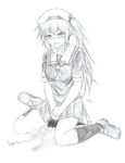  1girl between_legs blush breasts crying embarrassed eyebrows_visible_through_hair greyscale half-closed_eyes hand_between_legs hands_together harusame_(kantai_collection) hat have_to_pee highres kantai_collection kneehighs long_hair monochrome nabuki32 neckerchief open_mouth peeing peeing_self pleated_skirt puddle sailor_collar school_uniform serafuku shirt shoes short_sleeves side_ponytail simple_background sitting skirt small_breasts solo tears text tied_hair traditional_media translation_request trembling uniform wariza wet_clothes white_background 