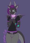  anthro black_shirt collar crystal dragon girly gray_pants green_eyes looking_at_viewer male scalie seren_duskflare simple_background wide_hips zephyrcat 