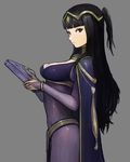  bangle black_hair bodystocking bodysuit book bracelet bridal_gauntlets cape circlet fire_emblem fire_emblem:_kakusei highres jewelry long_hair looking_at_viewer skin_tight solo tamaishi tharja tiara two_side_up 