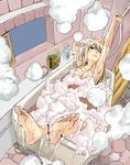  1girl arms_up barefoot bath bathroom blonde_hair breasts brown_eyes bubble_bath fairy_tail feet long_hair looking_at_viewer lucy_heartfilia nude one_eye_closed pov soles steam stretch toes 