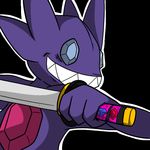  2011 aintsmart aliasing grey_eyes grin holding_object holding_weapon katana melee_weapon nintendo pok&eacute;mon pok&eacute;mon_(species) purple_skin sableye sharp_teeth smile sword teeth video_games weapon 