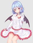  bat_wings black_wings blue_hair closed_mouth collar grey_background highres index_finger_raised juliet_sleeves junior27016 long_sleeves looking_at_viewer miniskirt neck_ribbon pointy_ears puffy_sleeves red_eyes remilia_scarlet ribbon simple_background sitting skirt skirt_set smile solo touhou white_skirt wings 