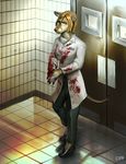  anthro blonde_hair blood_on_clothing blue_eyes clothed clothing disappointed door evelyn_lacine face_mask female footwear gloves hair inside lab_coat mammal marsupial medical medical_gloves name_badge shoes solo thylacine tile_floor tile_wall tumorhead 