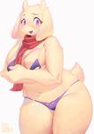  2017 anthro aruurara bikini boss_monster breasts caprine clothing female goat hi_res horn long_ears looking_at_viewer mammal purple_eyes scarf simple_background solo swimsuit toriel undertale video_games white_background 