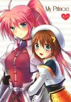  2girls barrier_jacket blue_eyes blush breasts brown_hair couple cover doujin_cover hair_ornament happy hat long_hair lyrical_nanoha magical_girl mahou_shoujo_lyrical_nanoha mahou_shoujo_lyrical_nanoha_a&#039;s multiple_girls oimo open_mouth pink_hair ponytail ribbon signum smile x_hair_ornament yagami_hayate yuri 